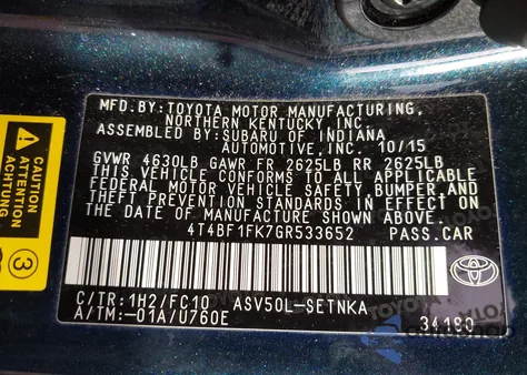 2016 Toyota Camry Le from USA, damaged, VIN 4T4BF1FK7GR533652